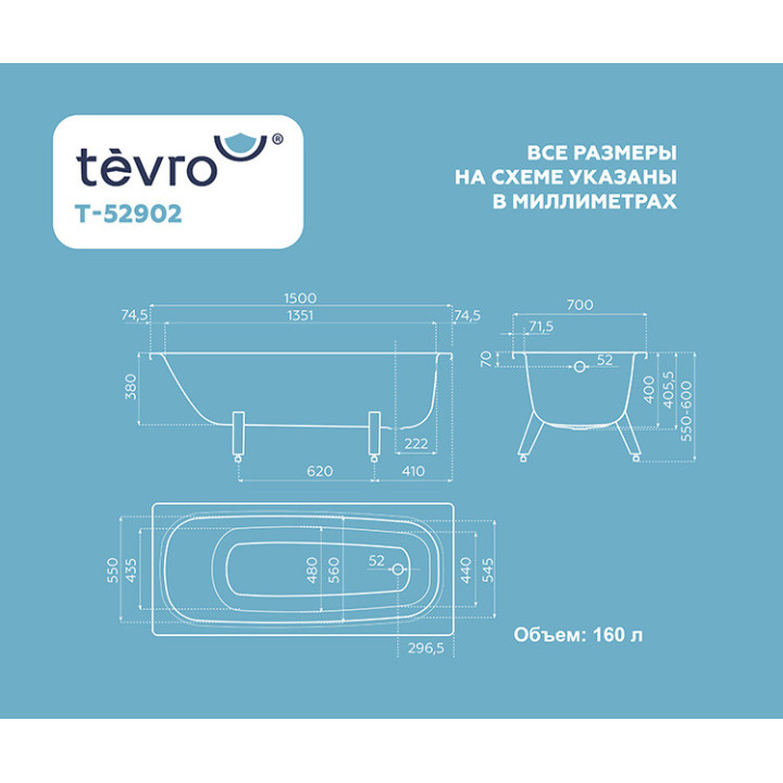 Стальная ванна Tevro 150х70 см купить по выгодной цене