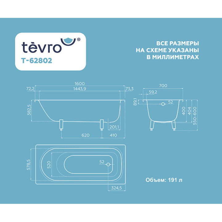Стальная ванна Tevro Тонда 160х75 см купить по выгодной цене
